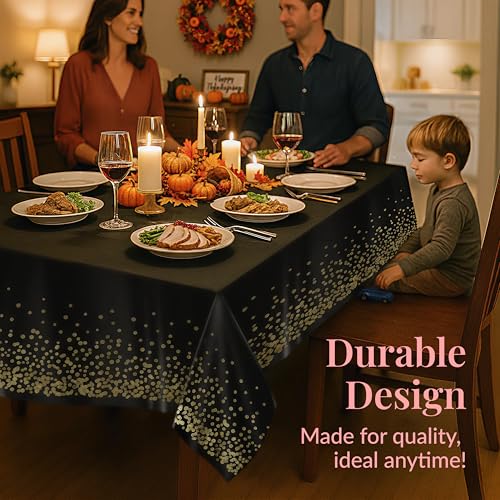 Prestee 4 Pack Gold and Black Table Cloth Rectangle Table Covers 54 x 108 Inches - Plastic Table Cloth Disposable for Part...