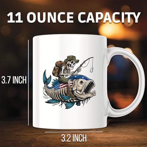 Skull Riding Fish Mug - 11 Ounce Coffee Mug - Camping - Premium Quality Ceramic Mug -Design Printed On Both Sides - Made i...