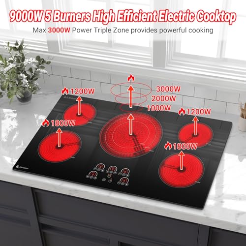 AMZCHEF Electric Cooktop 36 Inch,5 Burners Built-in Electric Stove Top,Max 9000W Ceramic Glass Countertop with Touch Contr...