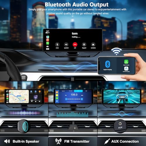 Portable Carplay Screen For Car, 10.26" Wireless Apple Carplay & Android Auto Touch Screen with 4K Dash Cam,1080P Backup C...