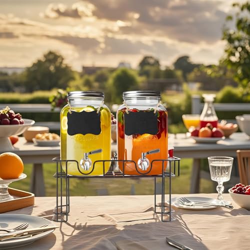 Galssmagic 1 Gallon Glass Drink Dispenser with Stand,2 Pack Glass Beverage Dispenser with Stainless Steel Spigot,Water Lem...