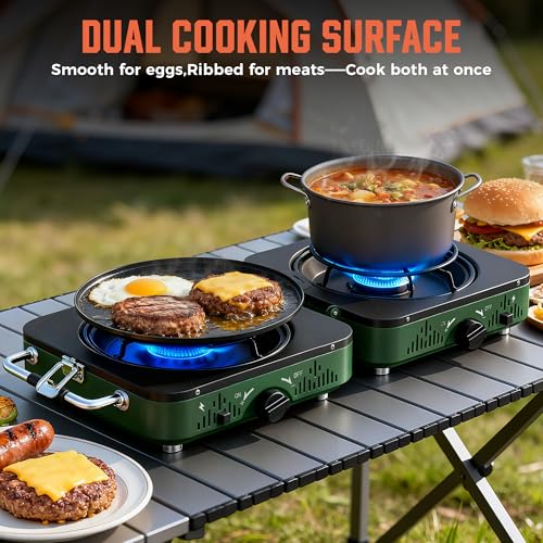 BIG HORN OUTDOORS 2 Burner Propane Camping Stove, Portable Camp Stove, Folding Gas Stove, Includes Frying Pan & Carry Bag ...