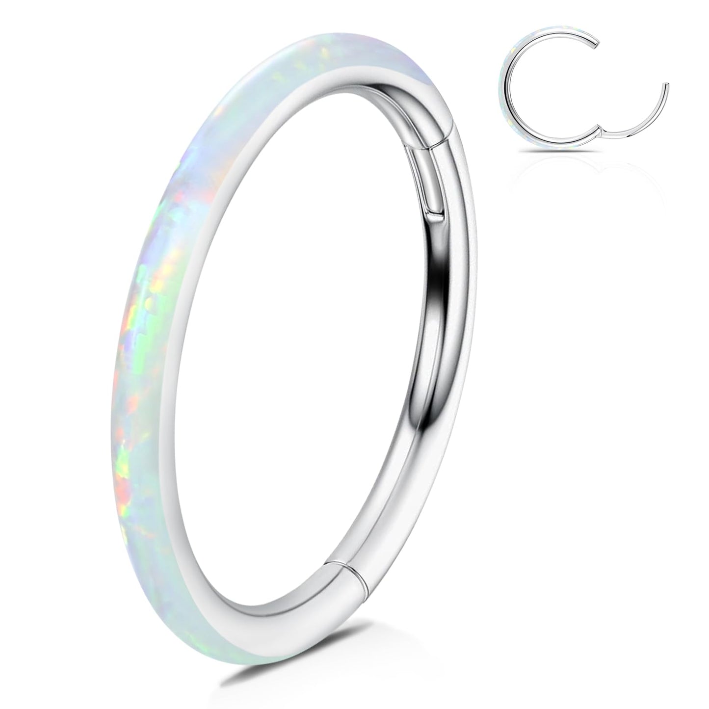WBRWP 316L Stainless-Steel Piercing-Ring Hinged Nose-Rings-Hoop with White Opal 16G(1.2mm) Segment Clicker Lip Rings Daith Earri