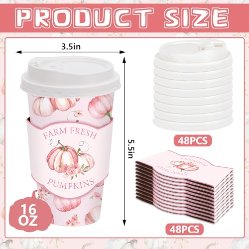 JarThenaAMCS 48 Set Fall Little Pumpkin Disposable Coffee Cups with Lids and Sleeves Pink Pumpkin Flower Paper Cups Fall D...