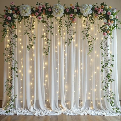 Realparkly White Tulle Backdrop Curtain with Lights, Elegant Sheer Photo Backdrop Drapes, Soft Fabric & LED Curtain for We...