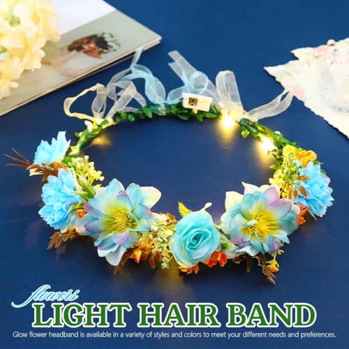 DRESBE Light Up Floral Headband LED Flower Wreath Crown Headbands Glowing Festival Garland Hair Accessories for Women (Blue)
