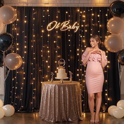 Black Backdrop Curtain with Lights String for Parties,10x10FT Wrinkle Free Black Drapes Wedding Photo Backdrop Curtains fo...
