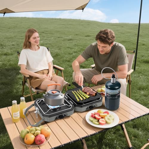Dollate 2-Burner Propane Stove with Griddle and Carrying Bag, Portable Foldable Camping Stove with 2 Adjustable Burners 16...
