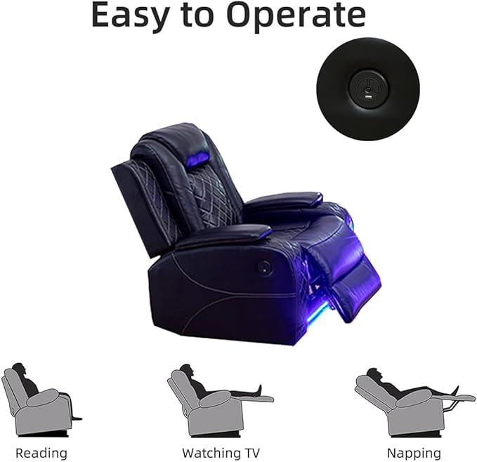 Toseslo Power Leather Recliner Sofa Set with LED Light,Leather Sectional Set, Living Room Furniture Sets, Modern Power Reclining Sets with Storage Console for Living Room(Black)