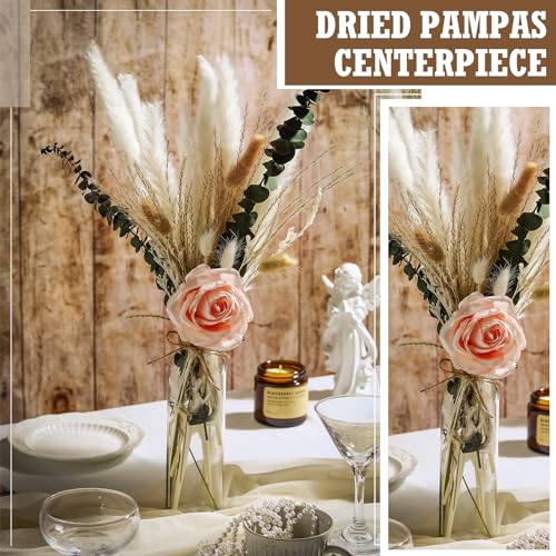 Qinyoung 10 Set Dried Pampas Grass Centerpiece for Wedding Baby Shower Party 10 Glass Flower Jars 10 Artificial Roses 80 D...