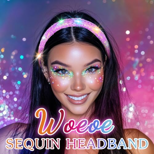 Woeoe Light Up Sequin Headband Sparkly Wide Mermaid Hair Accessories for Women