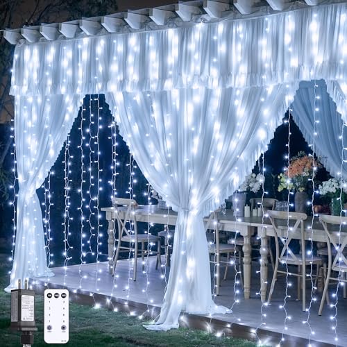 JMEXSUSS 300 LED 9.8x9.8Ft Curtain Lights Indoor with Remote, White Christmas Lights Plug in, 8 Modes White String Lights ...