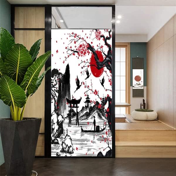 Vintage Japanese Style Decorative Window Film Abstract Ink Japanese Landscape Torii Gatekids Blackout Window Film,Cafe Lighted Window Film 23.6Wx78.7L-Inch X1Pcs