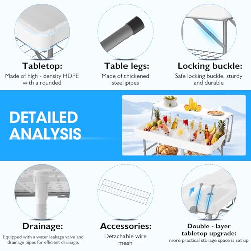 HLPB 4 FT Party Ice Cooler Folding Table with Folding Board, Outdoor ice Table with Skirt & Drain & Folded Buckets & Barbe...