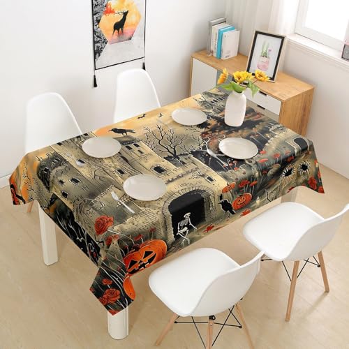 Happy Halloween Table Cloth Trick Or Treat Themed Tablecloths Halloween Ghost Print Picnic Table Cover Castle Spider Bats Decor Table Clothes Pumpkin Lantern Gothic Style Tablecloths,55"x55"
