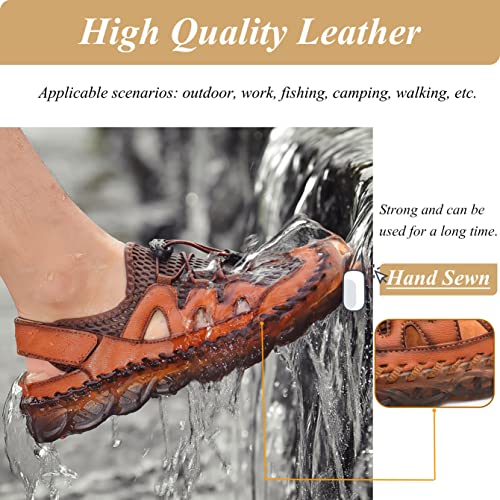 Qiucdzi Mens Closed Toe Sandals, Sport Sandals Casual Leather Handmade Sandals Adjustable Fisherman Beach Sandals For Outd...