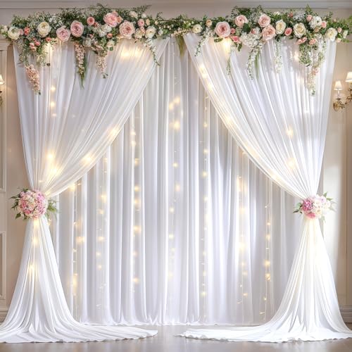 Wish Care 10x10ft White Backdrop Curtains with Lights String for Parties Wrinkle Free White Curtains Soft Fabric Photo Dra...