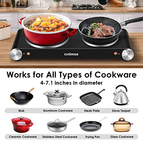 Cusimax Hot Plate for Cooking 1800W Portable Electric Double Burner Countertop Cooktop Cast Iron Stove Heating Plate with ...