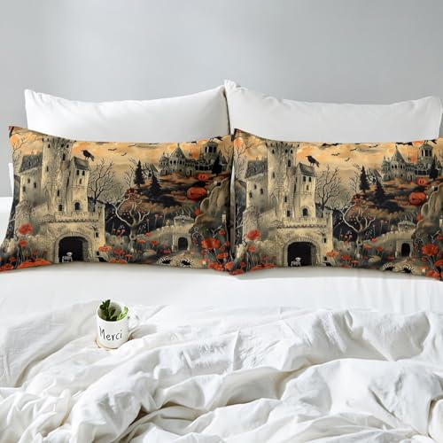 Happy Halloween Bed Sheets 3 Piece Trick Or Treat Themed Fitted Sheet Queen Size Halloween Ghost Print Bed Set Castle Spider Bats Decor Bedding Set Pumpkin Lantern Gothic Style Bedding