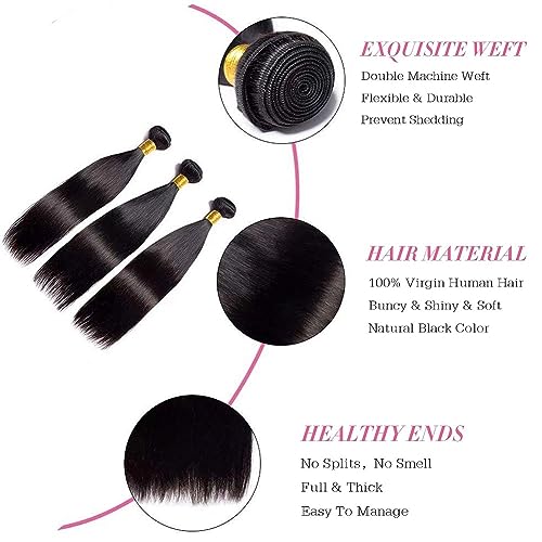 Straight Human Hair 3 Bundles 24 24 24 Inch Brazilian Virgin 100% Unprocessed Straight Hair Weave Bundles Human Hair Natural Black Color Hair Extensions for Women