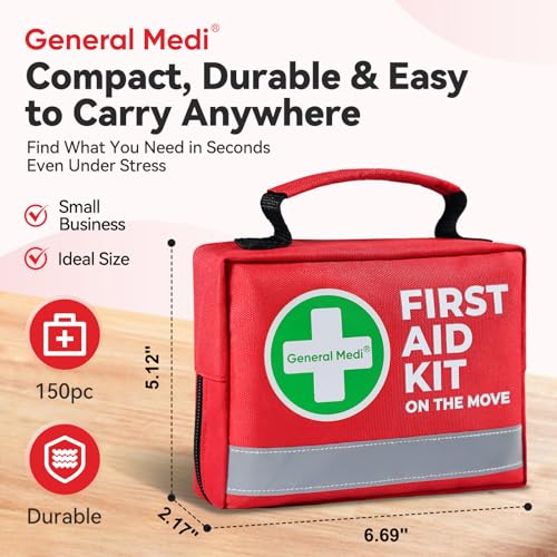 General Medi First Aid Kit - 150 Pieces Small Compact First Aid Kit Bag - Includes Instant Cold Pack, Emergency Blanket fo...