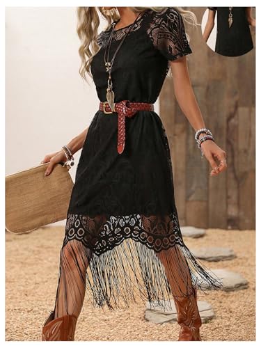 WDIRARA Women's Western Concert 2 Piece Outfits Short Sleeve Sheer Fringe Dress and Cami Dress Set