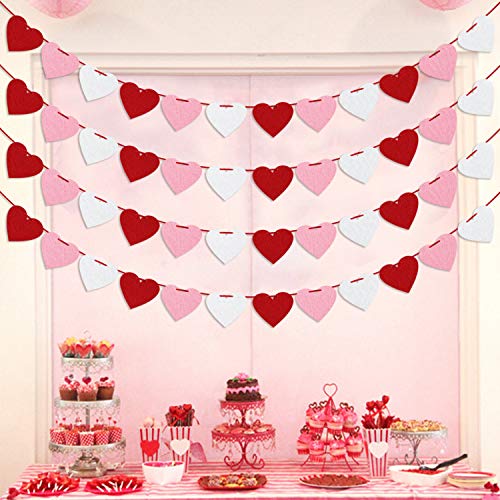 Felt Heart Garland Banner, Pre-Strung | Valentines Decorations | Red Pink White Valentines Banner | Anniversary Wedding Bi...