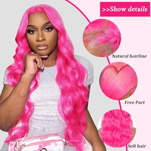 Pink Wig Human Hair 13x4 Pink Lace Front Wigs Human Hair Pre Plucked Body Wave Wig 200 Density Real Hair Frontal Wigs for Women 24 Inch