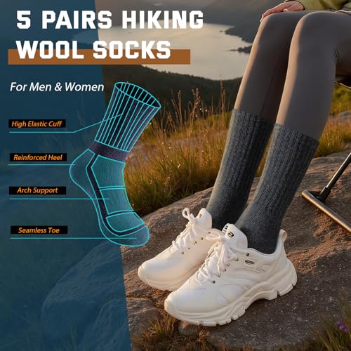 Pleneal Merino Wool Hiking Socks for Men, Thick Thermal Warm Winter Crew Boot Cushion Wicking Socks 5 Pairs for Cold Weather
