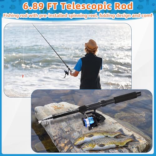 MiniInflat Telescopic Fishing Rod and Reel Combo, 6.89ft 2pcs Collapsible Rod with Plier Lip Gripper Lures Carrier Bag Pr...