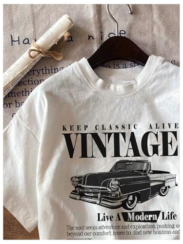 RoseSeek Women's Graphic Letter Tee Crew Neck Drop Shoulder Trendy Summer T Shirt Short Sleeve Vintage Car Print Top