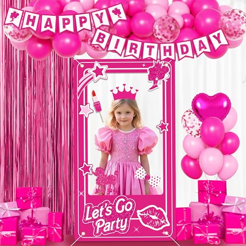 Birthday Decorations for Women,Happy Birthday Banner, 35 Balloons,Photo Booth Props for Girls (Hot Pink)