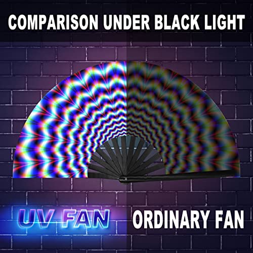 OMyTea UV Glow Rave Fan Foldable for Women/Men/Drag Queen - Large Clack Festival Folding Hand Fan - for EDM, Music Festiva...