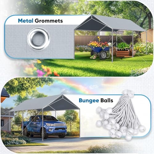 Quictent Carport Replacement Tarp Canopy Top Cover with Bungees Balls, for 10x20 ft Garage Party Tent Shelter - Gray, One ...