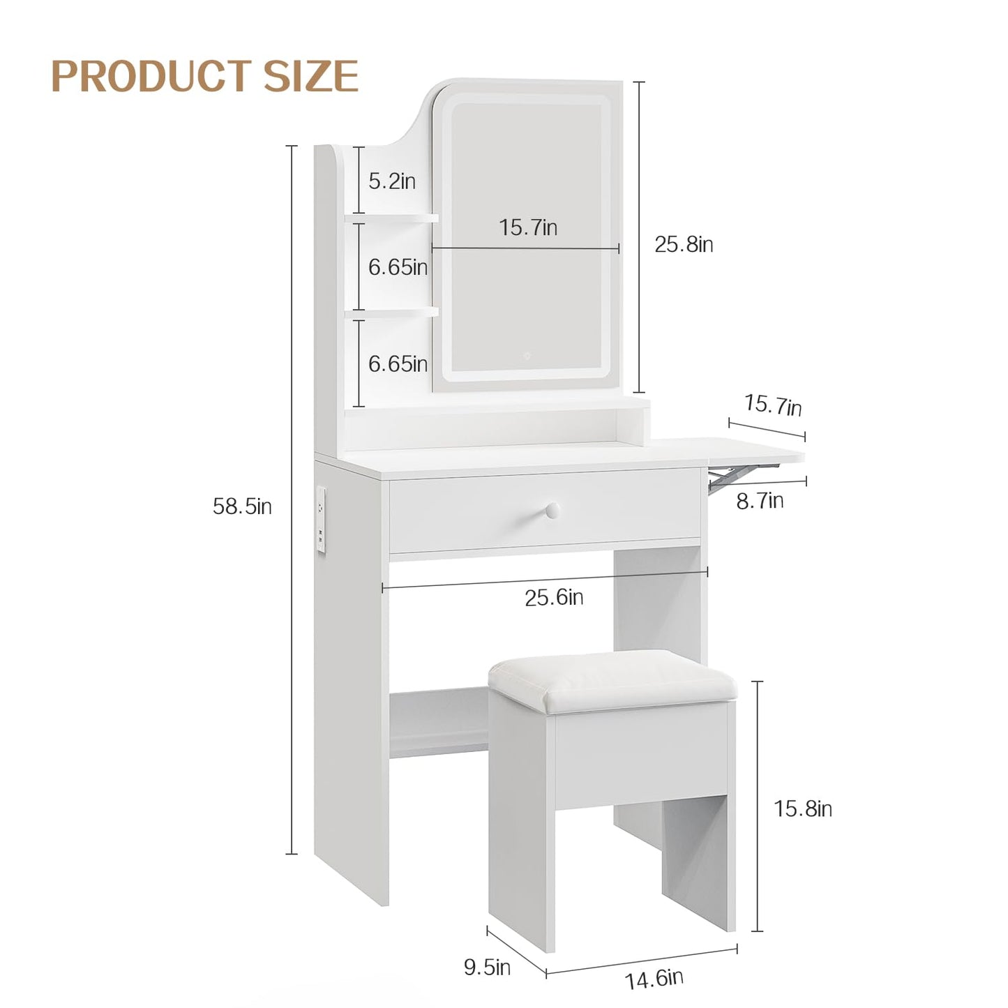 FUXA Small Vanity with Chair, Makeup Vanity Desk with LED Mirror and 3 Light Modes, Girls Vanity Set with Charging Station, Compact Vanity Table with Foldable Top for Small Spaces, White