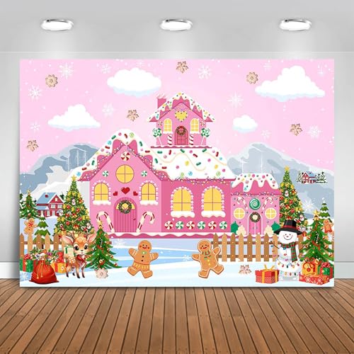 Fitumiw Pink Gingerbread House Backdrop 7x5ft Merry Christmas Photography Background Party Decorations Pink Candy House Ba...