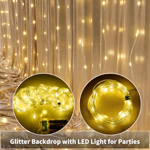 Outpain 10x10ft Champagne Sequin Backdrop Curtains with Light -Lighted Up Champagne Photo Backdrops with Non-Shedding Glit...