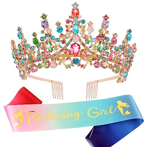Velscrun Rainbow Color Crystal Birthday Tiara Crowns for Women Girls Elegant Princess Crown with Combs Birthday Girl Headb...