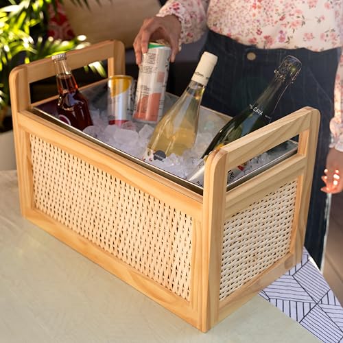 Twine Rattan and Wood Bottle Cooler Basket, Beverage Tubs for Parties, Beverage Chiller Ice Bucket for Drinks with Handle...
