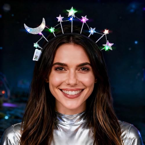 Olbye Light up Moon Star Headband Glitter Halo Headbands Flashing Headpiece Glow in Dark Hairbands Led Festival Hair Acces...