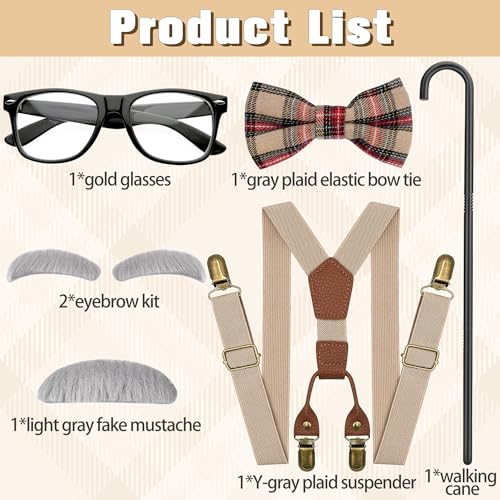 Horolam Kids Old Man Costume, Kids 100 Days of School Costume for Boys with Fake Beard Eyebrow Walking Cane Glasses Suspender