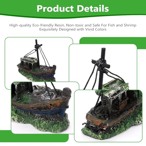 Hygger CO2 Small Boat Aquarium Decorations Resin - Sunken Shipwreck Fish Tank Ornament for Aquatic Adventure Scene-Approx....