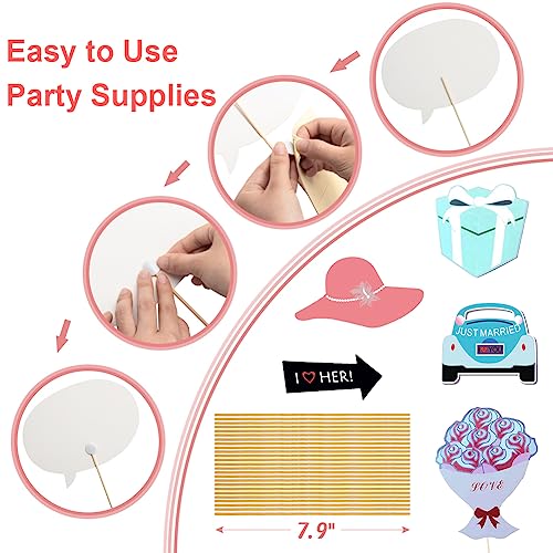 52PCS Wedding Photo Booth Props with Stick Bridal Shower Photo Booth Props Funny Photo Props, Wedding Party Supplies for B...