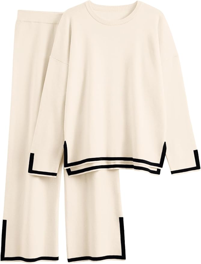 LILLUSORY Women Fall 2 Piece Lounge Set Outfits Sweatsuits Long Sleeve Sweater Tops Wide Leg Pants