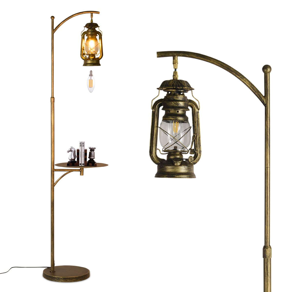 beaysyty Farmhouse Adjustable Floor Lamps with Tray Lantern Tall Standing lamp for Bedroom Home Decor for Office Cafe Den Living Room Bedroom, On/Off Foot Switch and Brushed Rustic (Bronze)