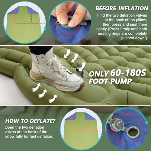 Pretyw Double Sleeping Pad for Camping - Ultralight Camping Mattress with Pillow, Built-in Foot Pump, Compact Inflatable ...