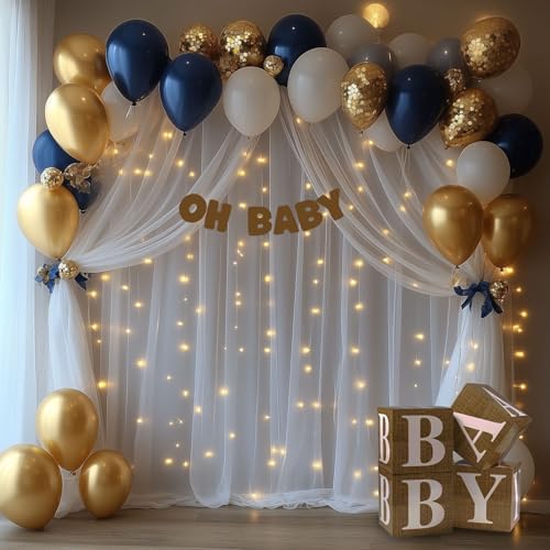 EMHOLDBU 10x10ft White Tulle Backdrop Curtain with Lights String Sheer Drapes for Wedding, Birthday, Baby Shower, Bridal S...