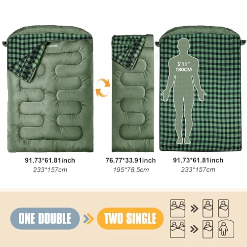 POEPORE Double Sleeping Bag Flannel for Adults with 2 Pillows 2 Person Sleeping Bags Camping XXL Queen Size Two Person Sle...