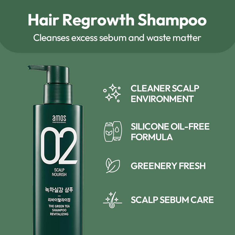 AMOS PROFESSIONAL The Green Tea Shampoo Refresh [For Oily Scalp] 17.6oz (500g) | Anti-Hair Loss Korean Hair Growth Shampoo for C