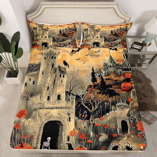 Happy Halloween Bed Sheets 3 Piece Trick Or Treat Themed Fitted Sheet Queen Size Halloween Ghost Print Bed Set Castle Spider Bats Decor Bedding Set Pumpkin Lantern Gothic Style Bedding